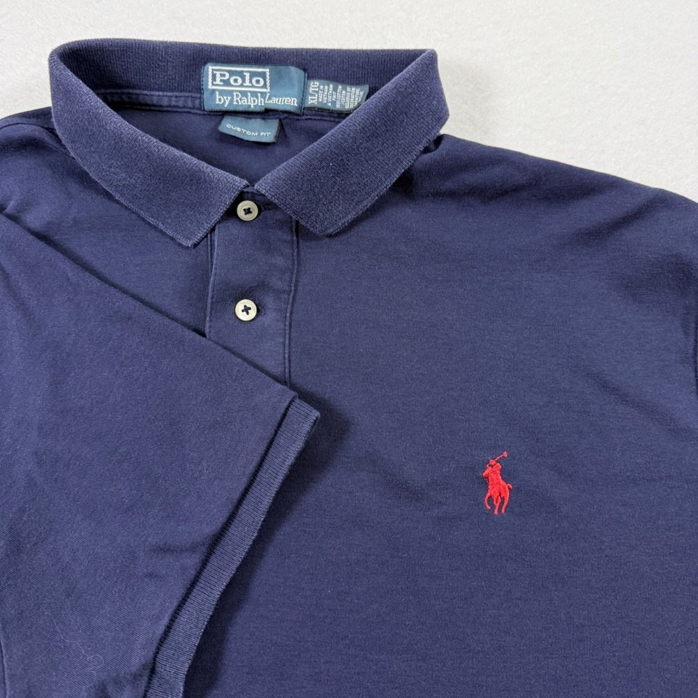Vintage 90s Polo Ralph Lauren Mens Polo Shirt XL Custom Fit Iconic Navy Red Pony